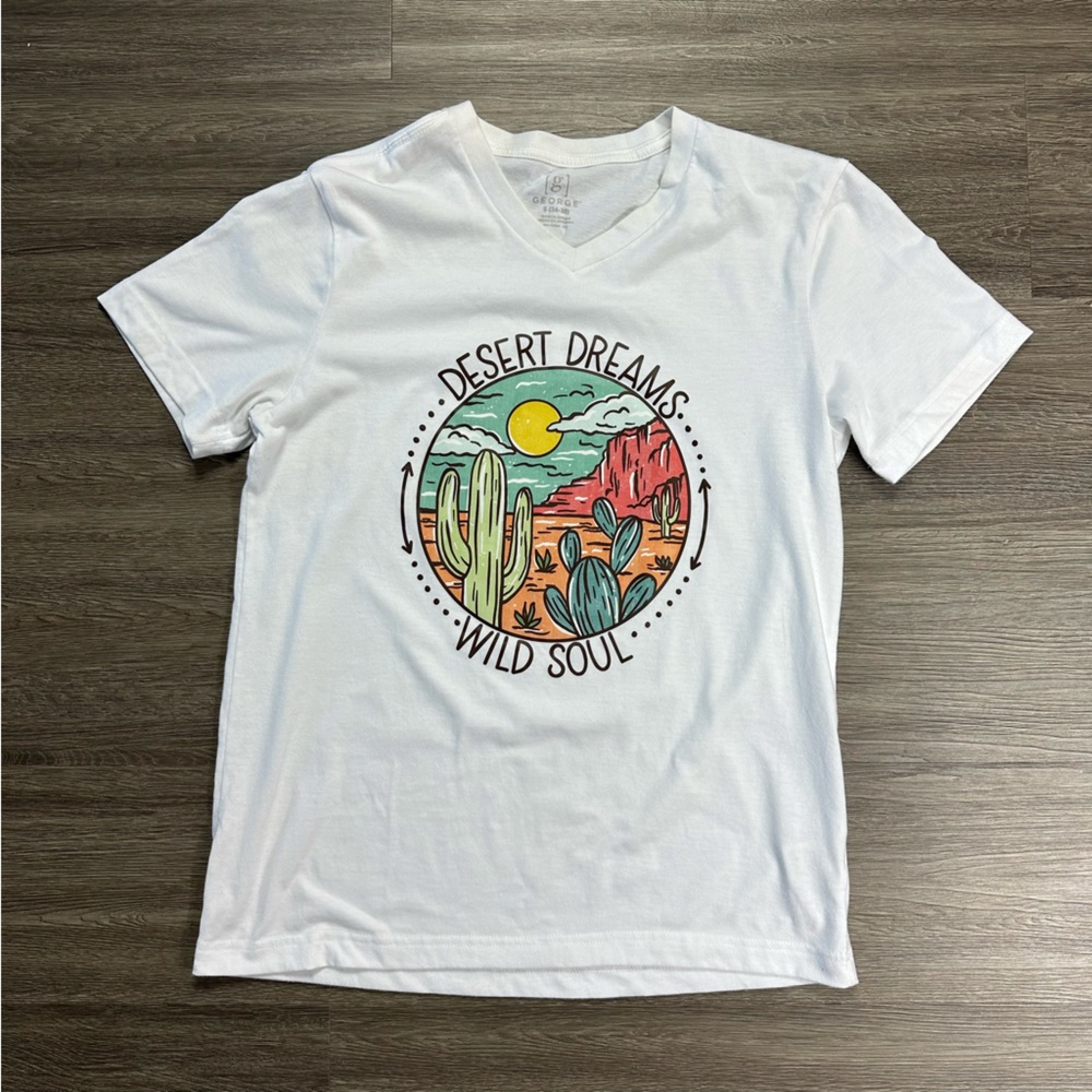 Final Sale: White V-Neck T-Shirt with Desert Graphic